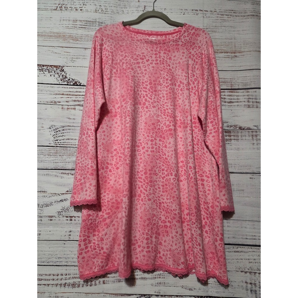 40 Winks Pink Leopard Print Nightgown Lace Trim Long Sleeve Sleep Shirt Large